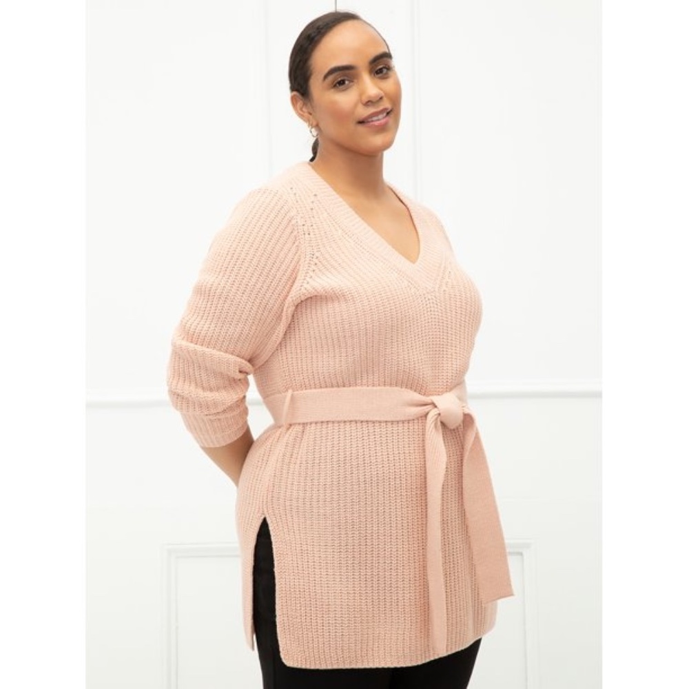 Eloquii Blush Pink V-Neck Belted Sweater